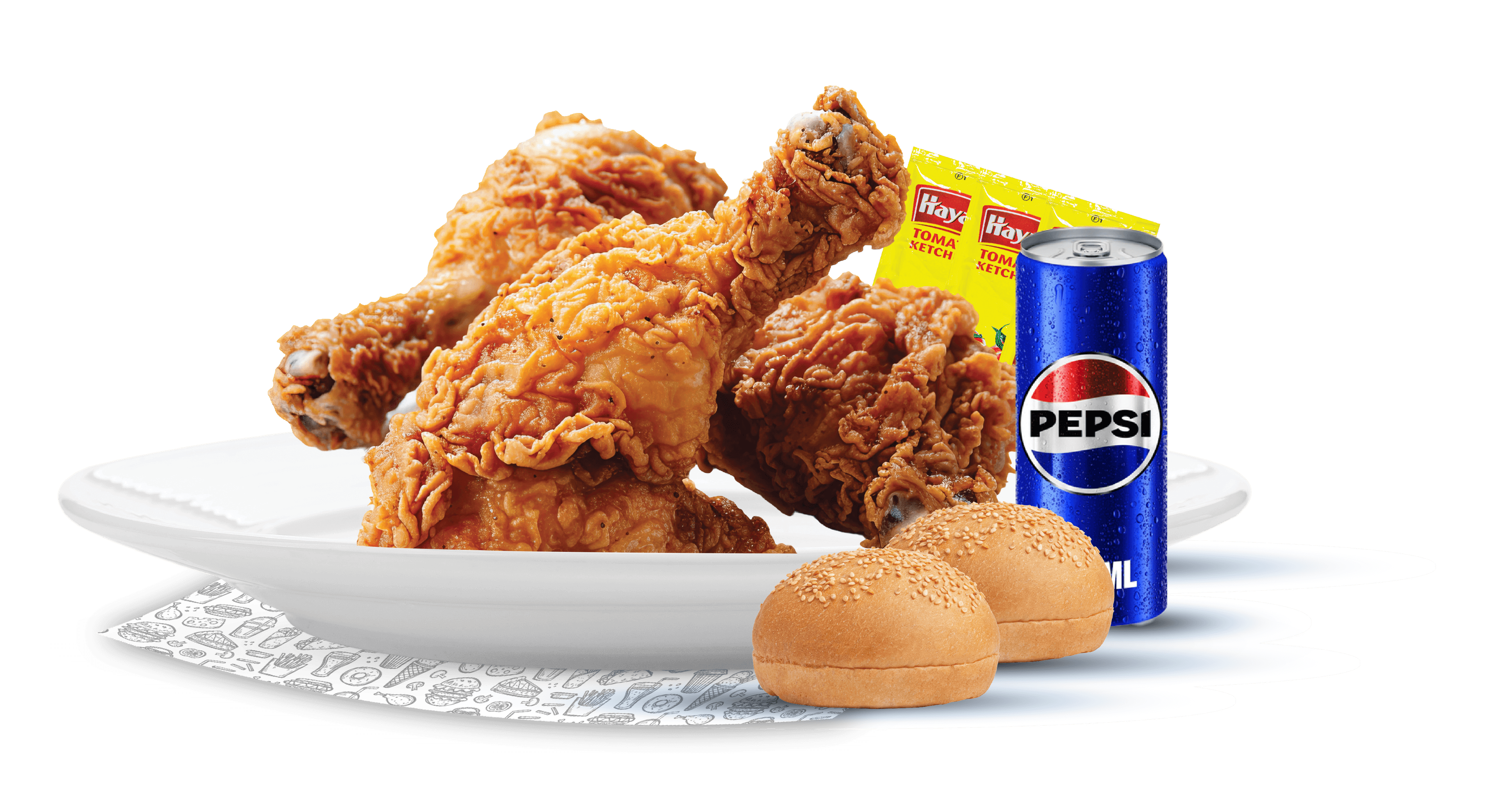 Broasted 3 pcs Combo WT 2bun 3 Ketchup 1pepsi, 250ml