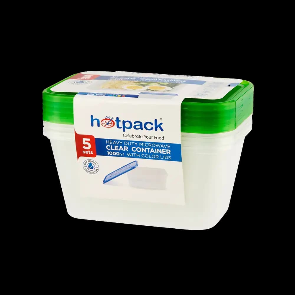 Hotpack Microwave Clear Container, 1000ml + Lids 5 Pack